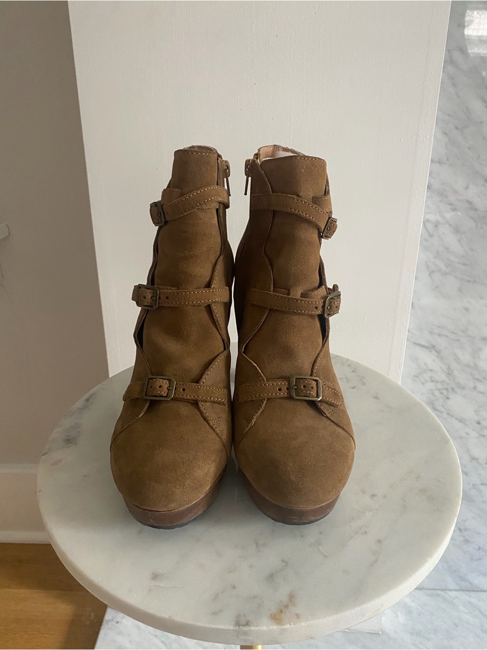 See By Chloe Cappuccino Suede Triple-Buckle Ankle Boots